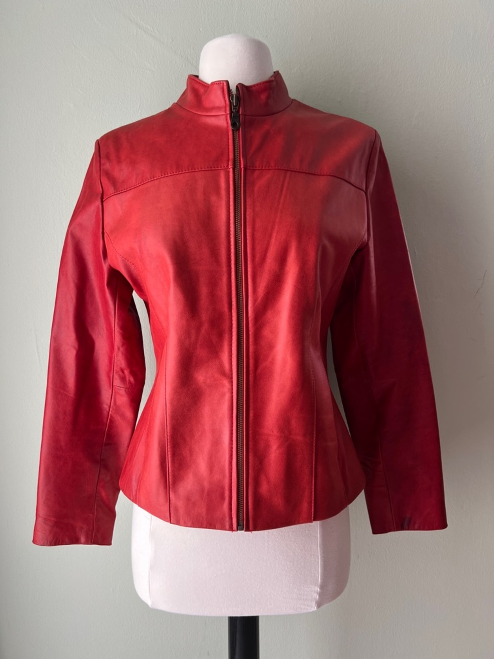 Women's Red Leather Zip-Front Jacket